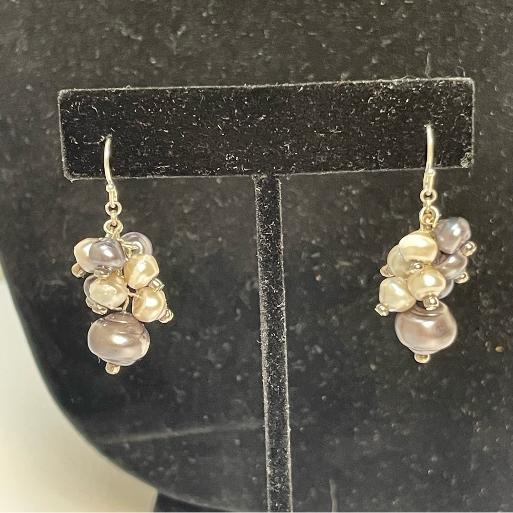 Elegant Gray and Pearl-Colored Bead  Cluster Earrings